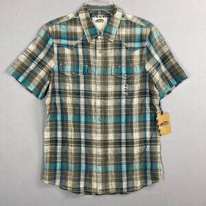 Vans Men's Edgeware Shirt Pearl Snap Short Sleeve Plaid Blue Green Small